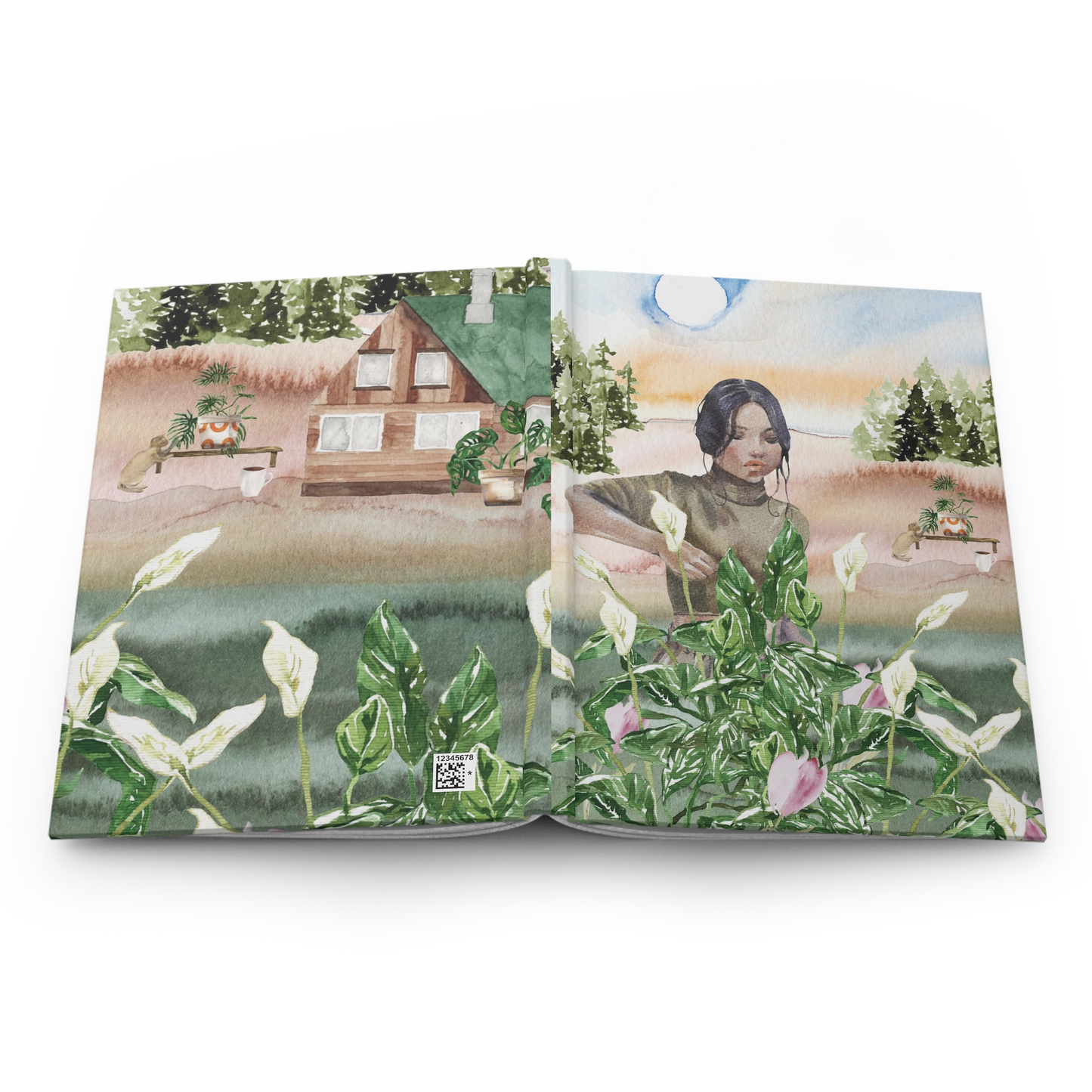 Botanical Cottage Hardcover Journal — Floral Girl Watercolor Notebook for Nature Lovers