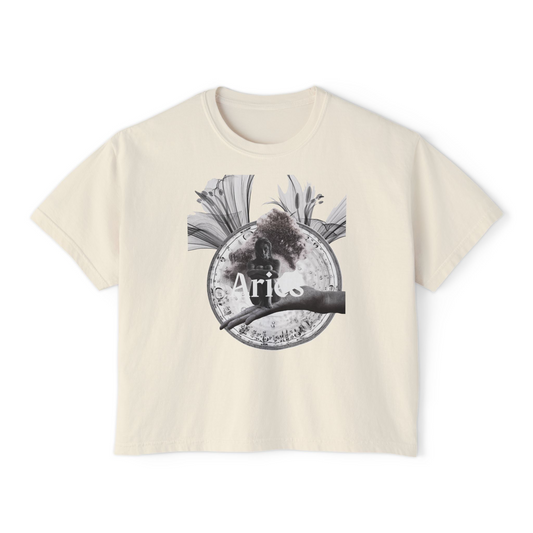Aries Graphic Boxy Tee — Astrological Sun Sign Shirt for Women