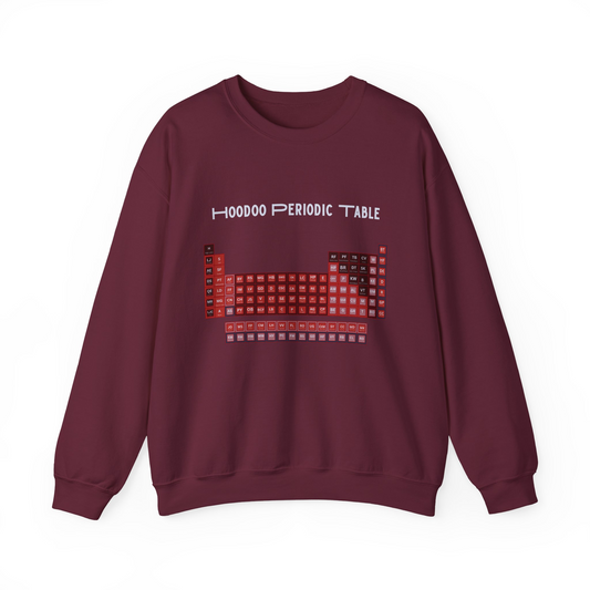 A maroon crewneck sweatshirt featuring a graphic of a periodic table styled like a keyboard, with the text 'HOODOO PERIODIC TABLE' printed above it in white and red.