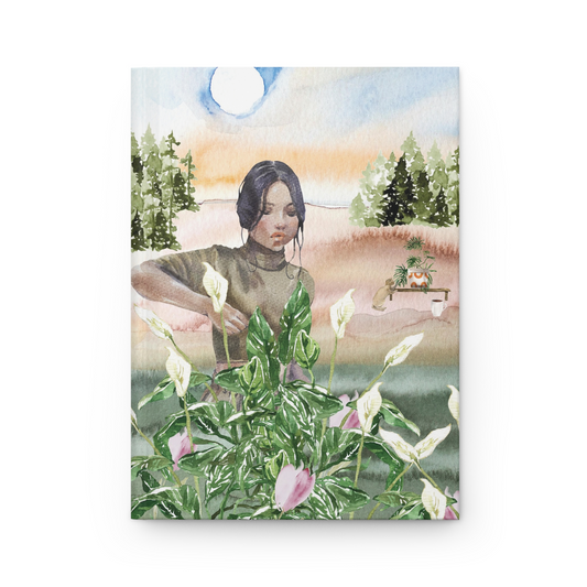 Botanical Cottage Hardcover Journal — Floral Girl Watercolor Notebook for Nature Lovers