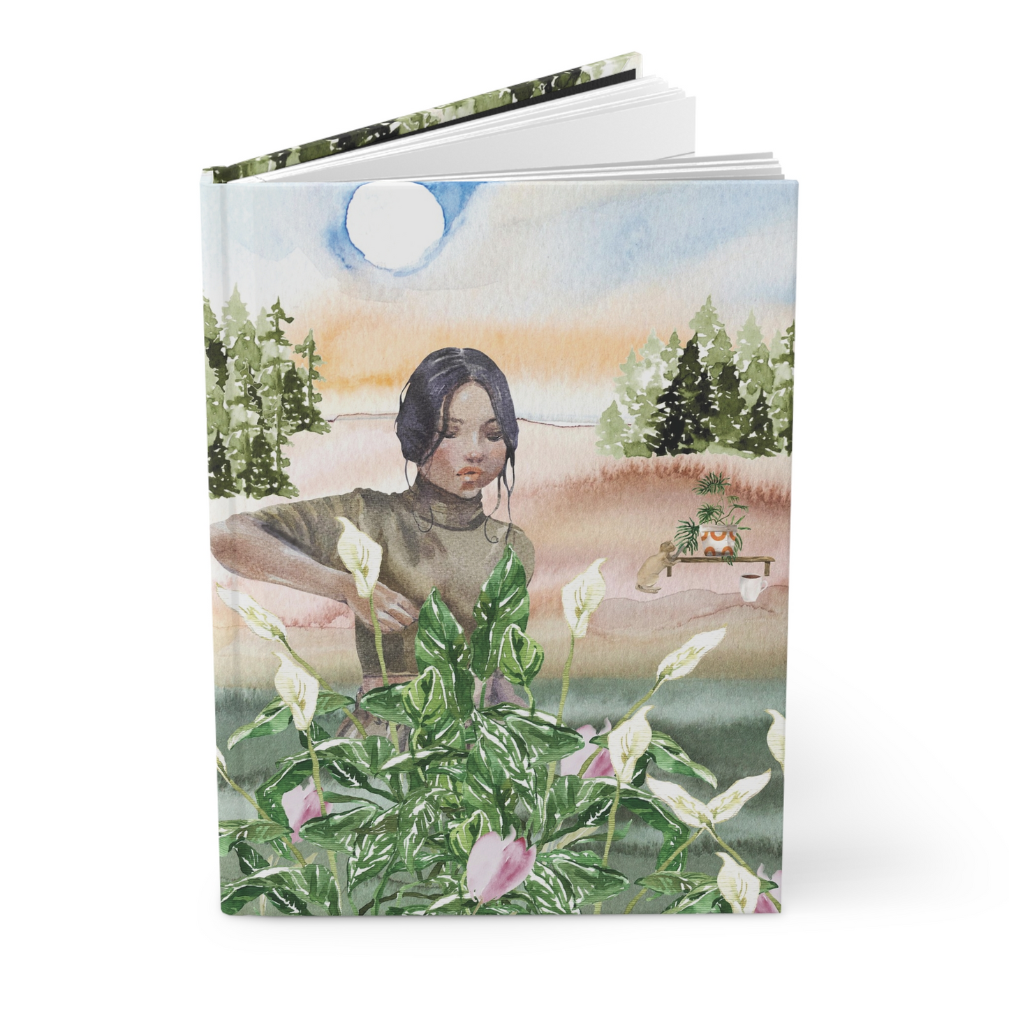 Botanical Cottage Hardcover Journal — Floral Girl Watercolor Notebook for Nature Lovers